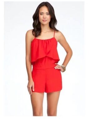 BEBE —  Draped Romper — Pompeian
Red — SIZE 10
